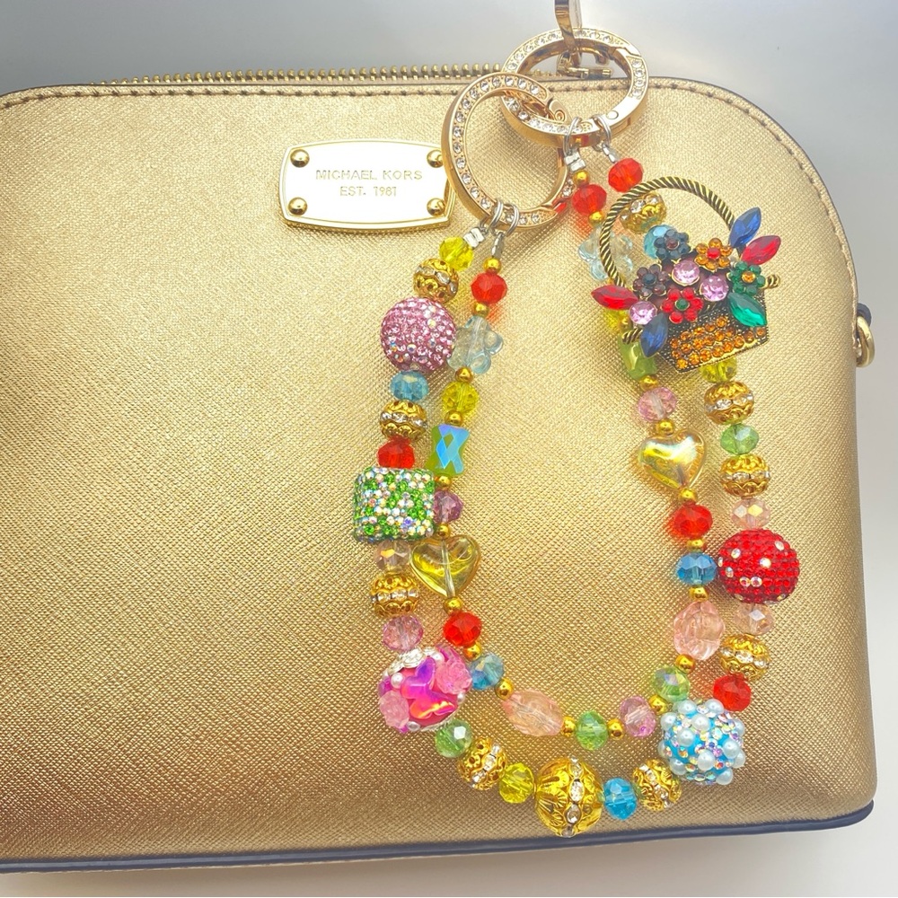 💐Luxury Bag/Phone Chain Charm/Keychain COLORFUL FLOWER BASKET Bling Crystal